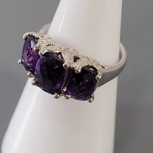 Sterling Silver Amethyst Ring HT 925 Three Stone Floral Filigree Size 6.25